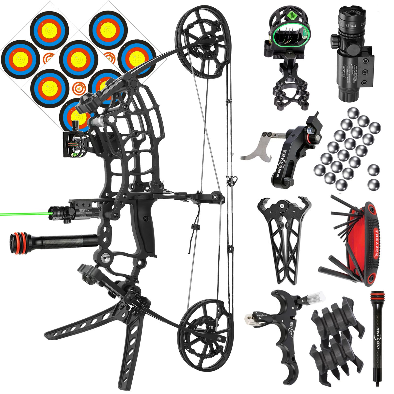 Compound Bogen Set Jagdbogen Erwachsene - 22" Kompakt Achsabstand, 40-65 lbs Einstellbare Zugkraft - Dual-Use für Pfeile & Stahlkugeln - Jäger & Überlebensausrüstung