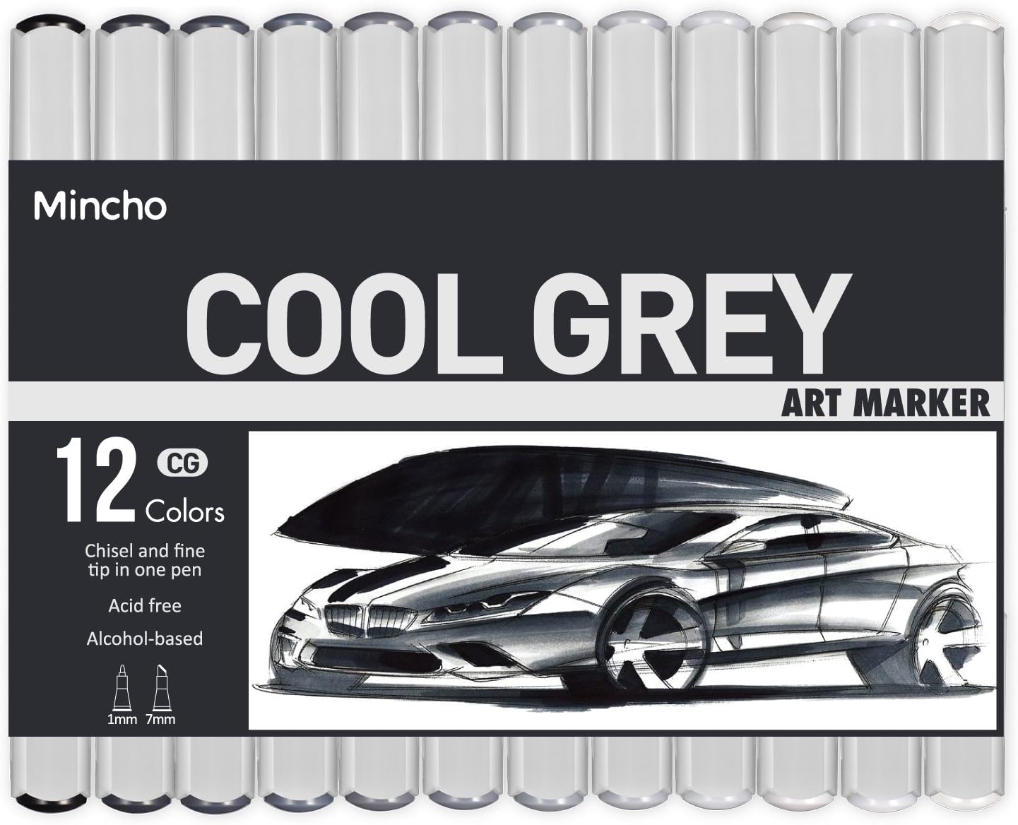 Mincho Dual Tip Grayscale Markers Pens - Permanent Sketch Cool Grey Tones Art Paints Pen for Illustration, Drawing, Outlining, Shading, Rendering - Set of 12 Colors Includes Colorless Blender
