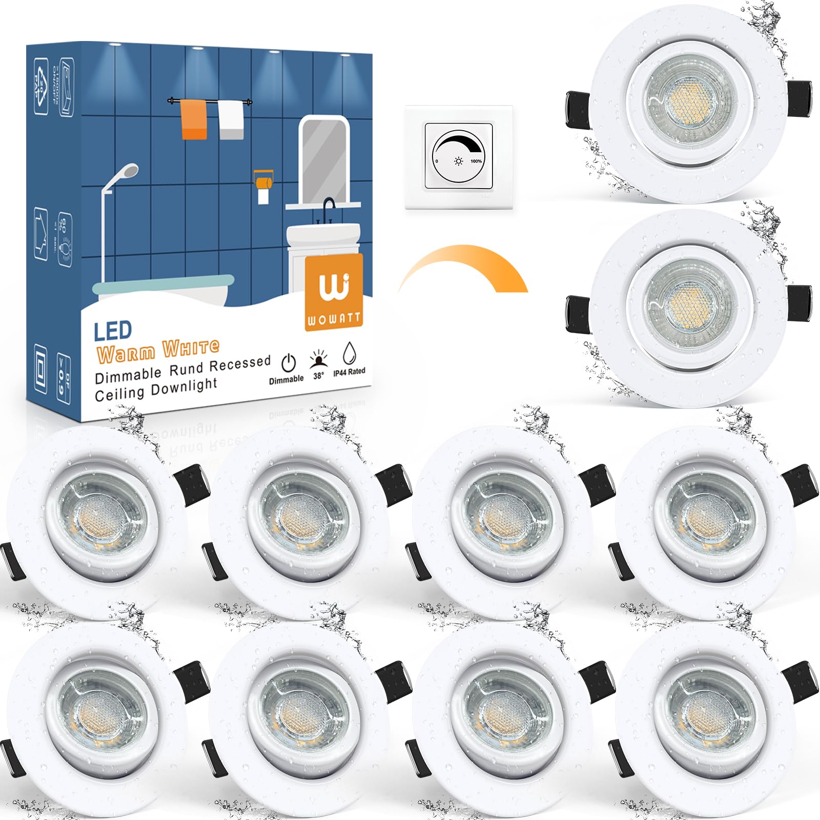 wowatt 10er LED Spots 230V Dimmbar, 5.5W Einbaustrahler LED Warmweiß 68mm | Ersetzt 60W Halogen Deckenspots Weiß Schwenkbar Ultra Flach IP44 Bad Einbauleuchten 2800K Hell 600LM Einbauspots Rund