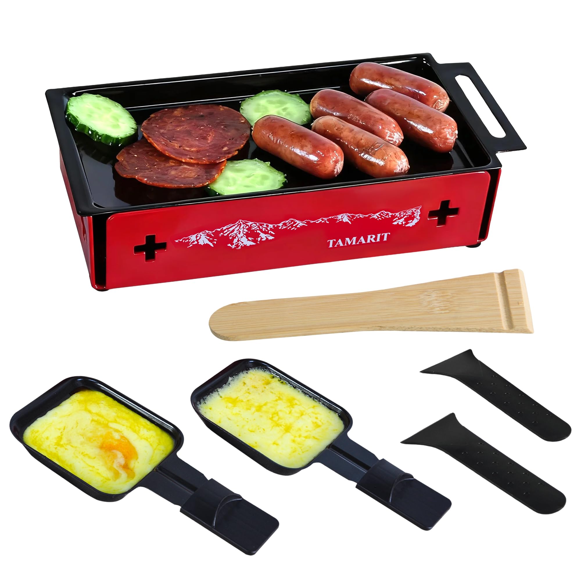 TAMARIT Griglia per raclette per 2 persone, portatile, a lume di candela, con teglia smaltata e padelle antiaderenti, macchina compatta per raclette per cene romantiche, picnic, barbecue, campeggio