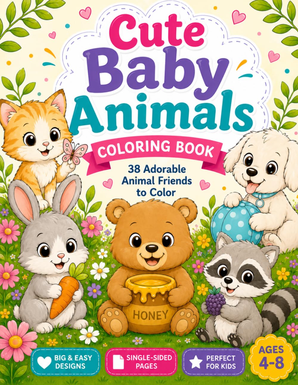 Cute Baby Animals Coloring Book: 38 Adorable Animal Friends to Color for Kids Ages 4-8