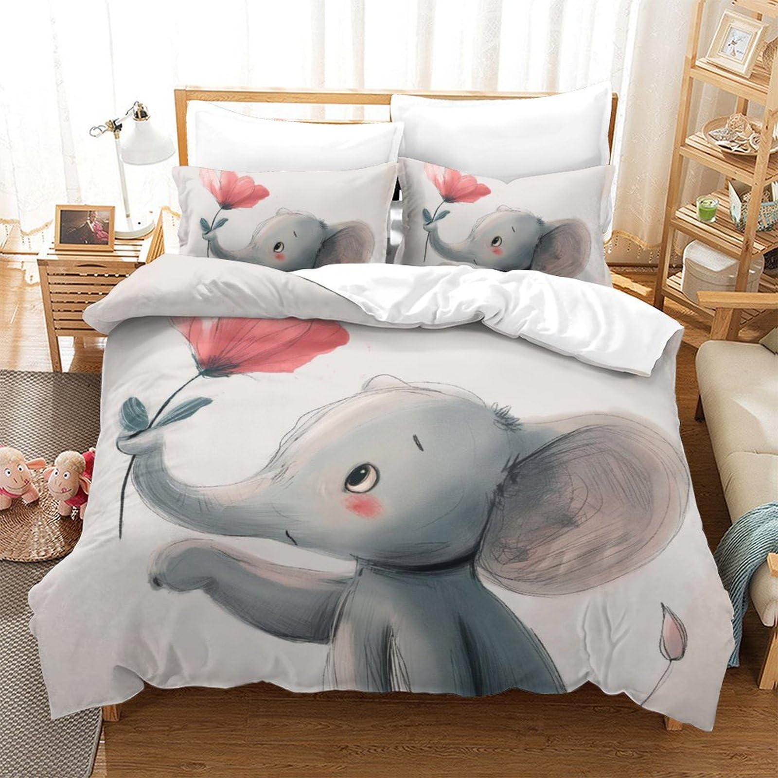 Housse de couette 200x200cm imprimée éléphants et fourmis en microfibre avec deux taies d'oreiller