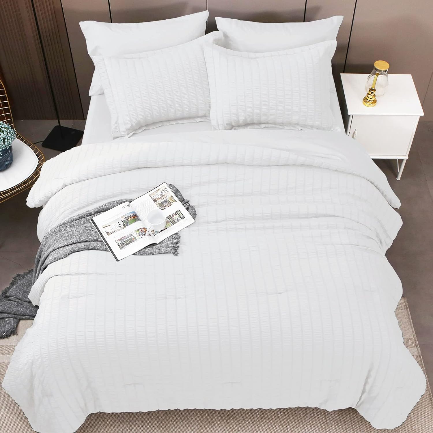 HYMOKEGE White Queen Comforter Set Seersucker 8 Pieces, All