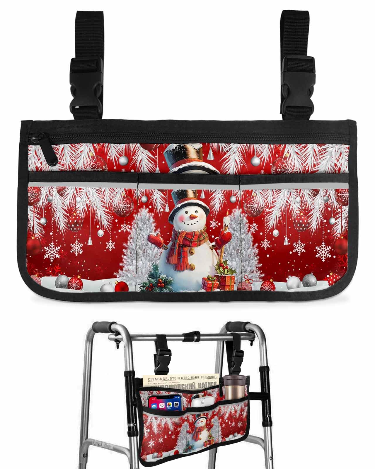 Anzona Red Christmas Snowman Wheelchair Side Bag Walker Bag, Winter Snowflake Pine Leaf Wheelchair Accessories Armrest Pouch, Organizer Storage Bag for Walkers, Rollators, Scooters, 7.3''x13''