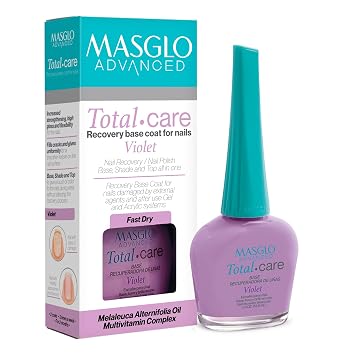 MASGLO Advanced Total Care Nail Strengthener Post Gel Damage Recovery Treatment, 13-Free Vegan Fast-Dry Thickening Repair with Tea Tree Oil & Vitamins, Base Coat, Violet Tone & Shine 3in1