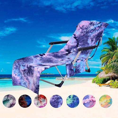 Miniatura 2 de Funda para silla de playa, funda de microfibra con bolsillos de almacenamiento para piscina, tumbona, hotel, jardín, teñido anudado azul