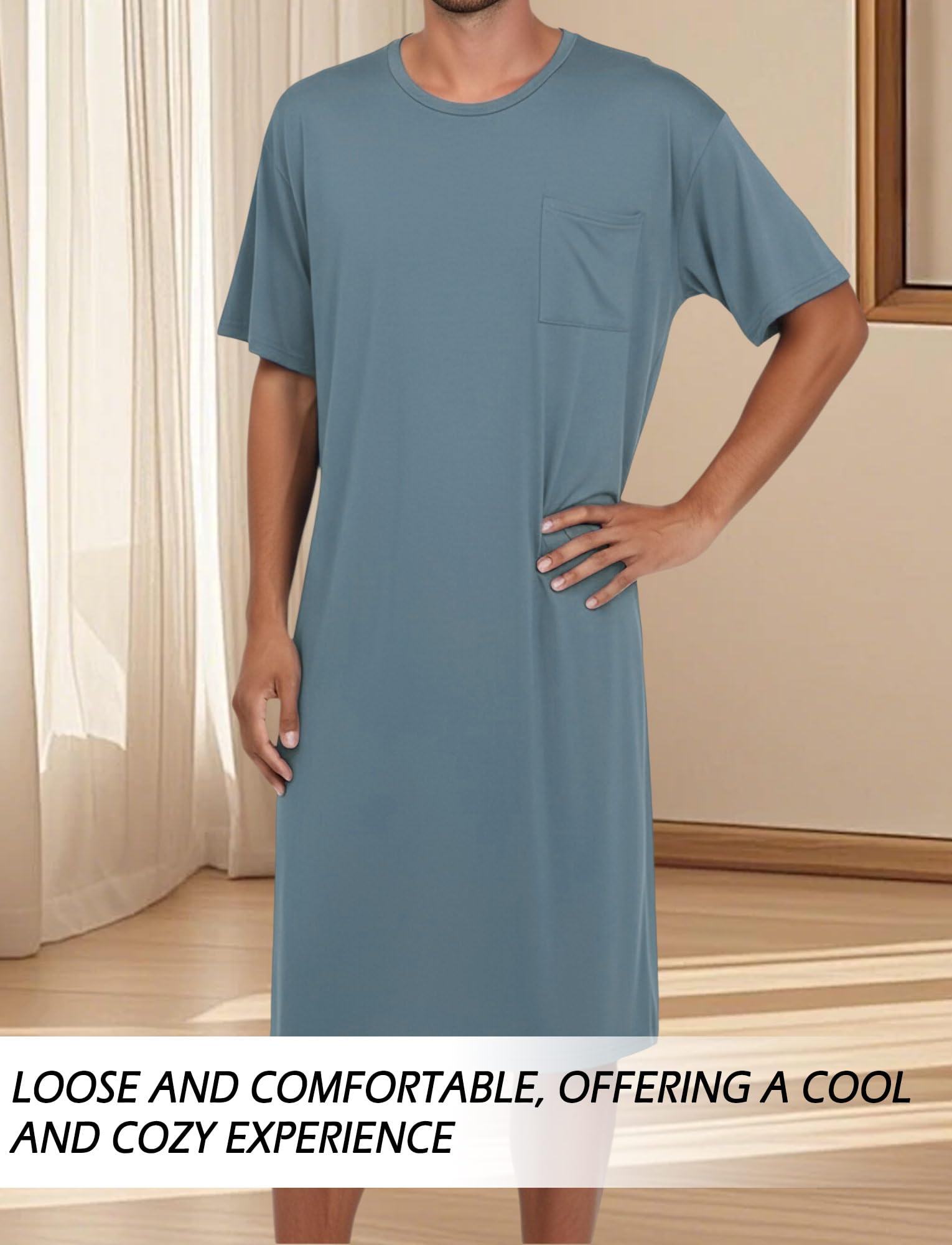 FEOYA Chemise de nuit longue pour homme - Chemise de nuit - Vêtements de détente - Chemises de nuit confortables à manches courtes