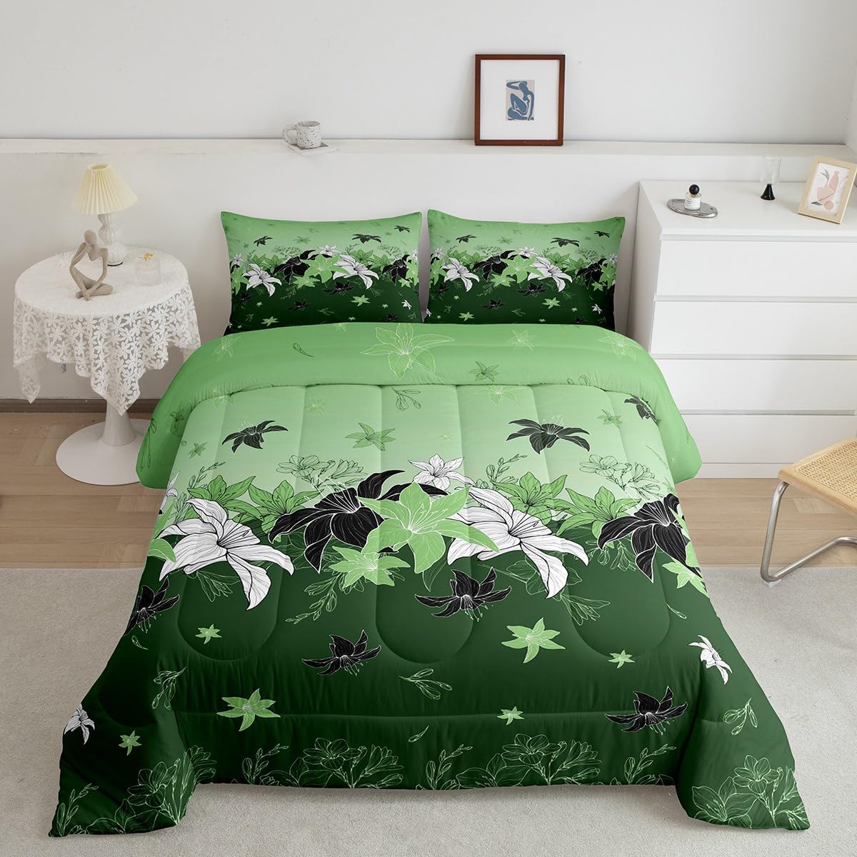 Feelyou Green Floral Comforter Full Size with 2 Pillow Cases Flowers Pattern