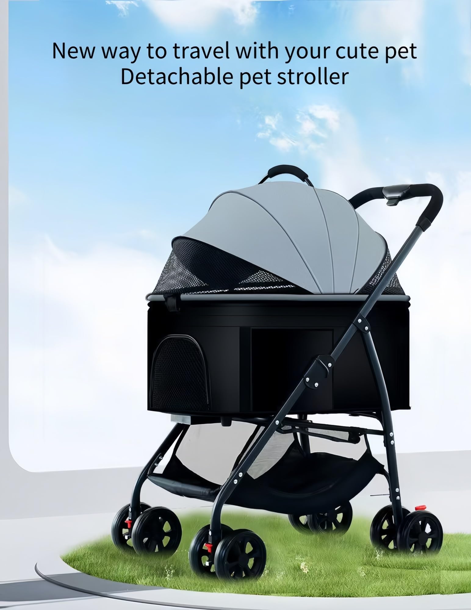 Passeggino da viaggio per animali domestici, pieghevole, per cani e gatti, con cestino portaoggetti e portabicchieri per un comodo viaggio