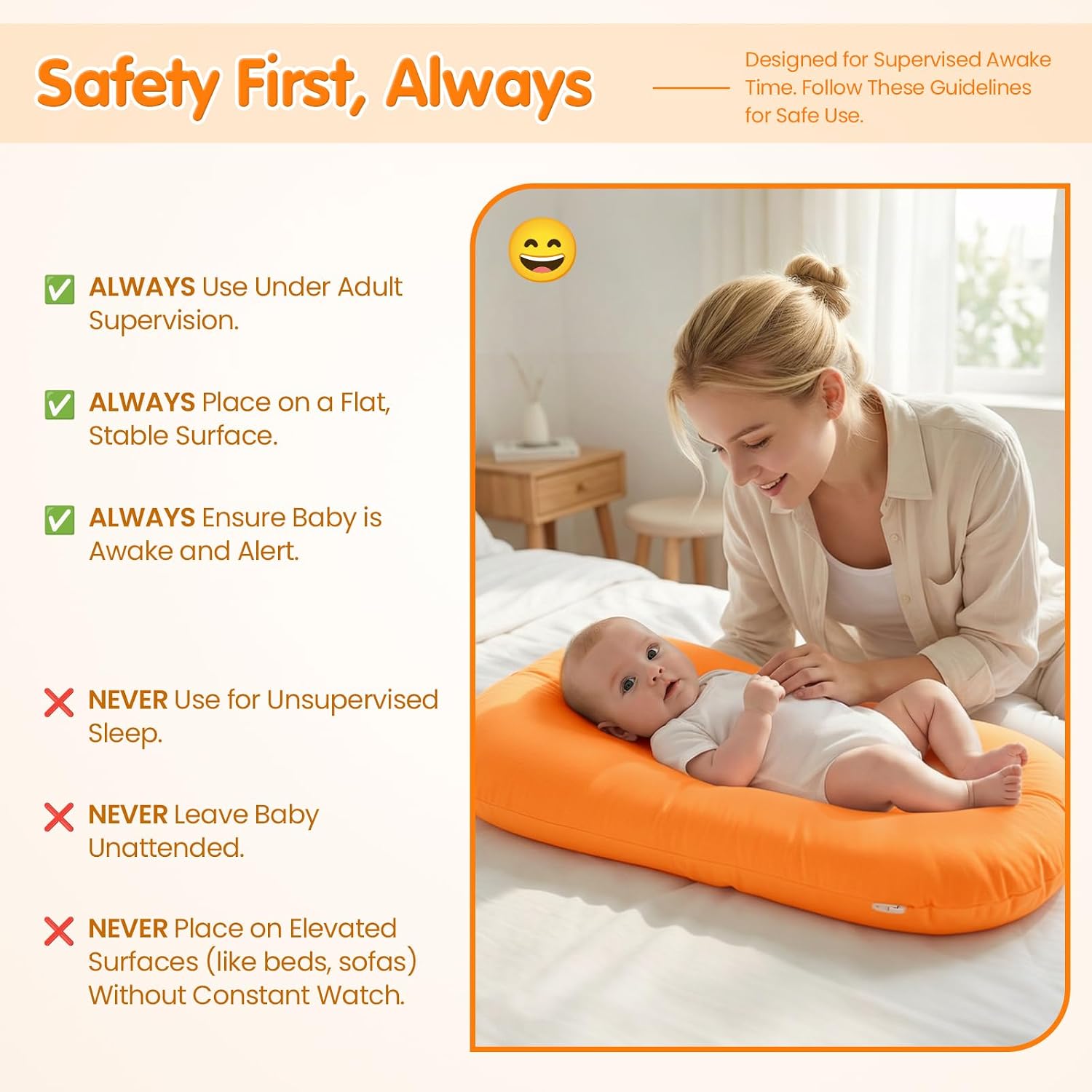 Infant Support Cushion, Baby Lounger 0-24 Months – Portable Tummy Time Mat & Rest Pod, Soft Cotton, Waterproof, Machine Washable, Safe for Supervised Play, Back Support (Orange)