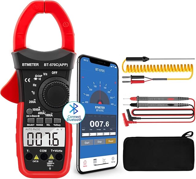 BTMETER AC DC Clamp Mutlimeter Amp Meter with Temp Testing, Auto-ranging Measures Current, Voltage, Resistance, Capacitance, Continuity, Amperage, Volt, Ohm Clamp-on Ampmeter BT-570CAPP
