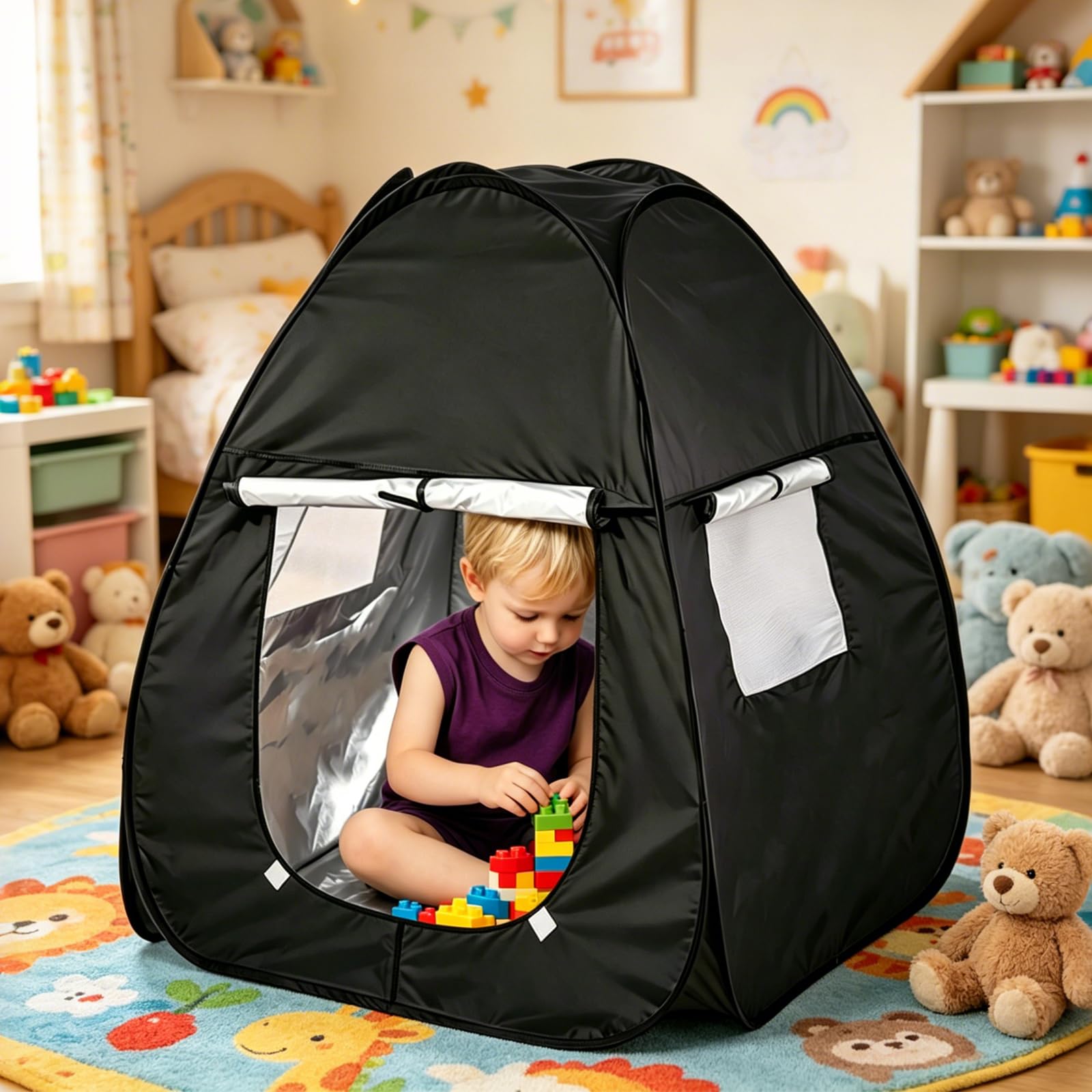 Sensorisches Zelt, Pop-Up Höhle, 84x84x96 cm Blackout Pop Up Spielzelt Mit Reise Tragetasche, Tragbares Sensorisches Verdunkelungszelt Für Autismus, SPD, Ängsten, Konzentrationsmangel