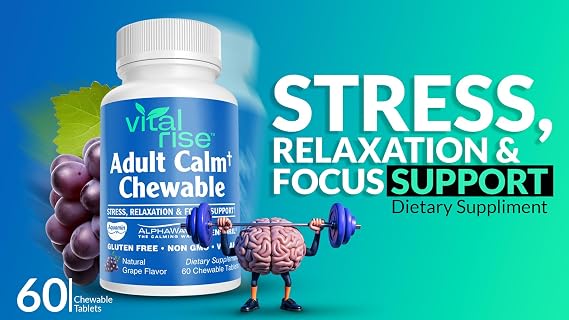 Adult Calm Magnesium Chewables Magnesium, Ashwagandha & L-Theanine Supplement for Stress, Mood & Relaxation, High Absorption, Non-GMO, Grape Flavor (60 Chewables)