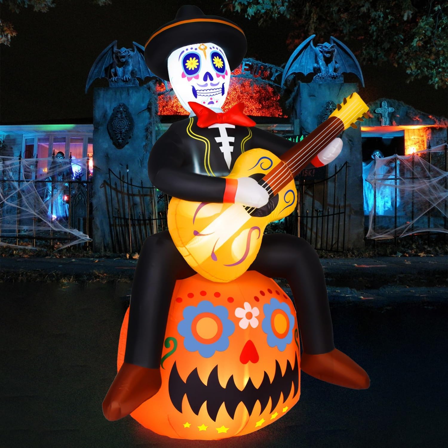 Rocinha 8FT Halloween Inflatables Pumpkin Sugar Skull Guitar Day of The Dead Inflatable Outdoor Decorations Dia De Los Muertos Decorations with LED Lights Halloween Blow Up Yard