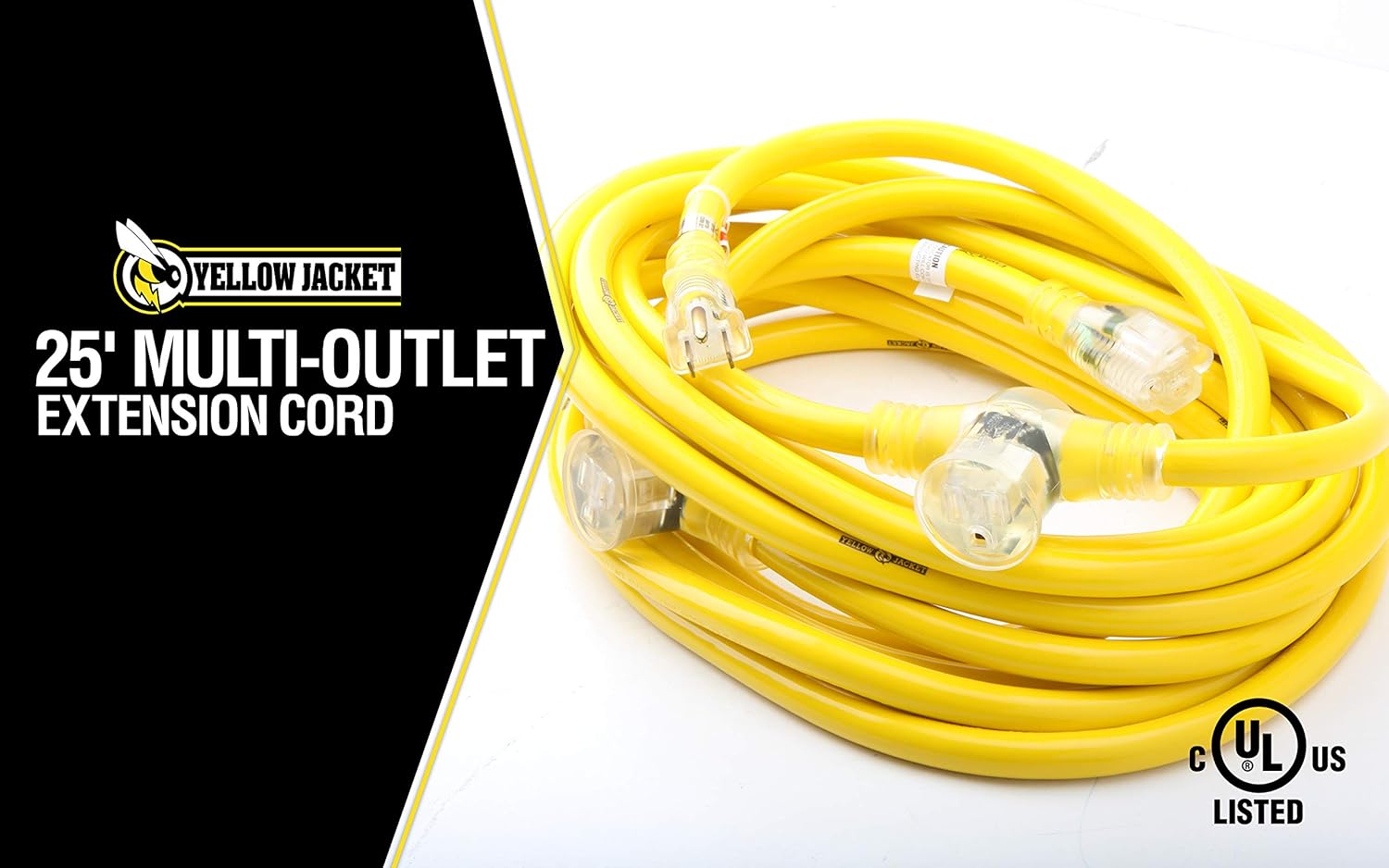 Yellow Jacket 2830 Woods STW Adapter Cord with 3-Outlet Lighted Power Block; 3 12 Awg Bare Conductor; 25 Ft L; Foot; Copper