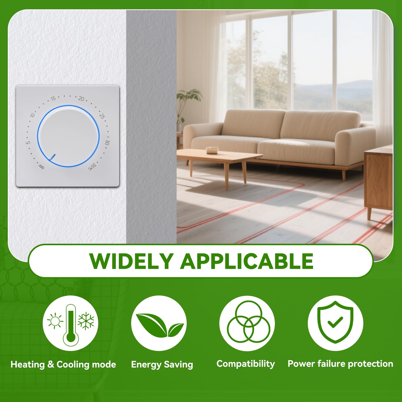 Jadeshay Thermostat de Chauffage Mécaniques pour Électriques Chauffage au Sol 16A Régulateur de Température avec Sonde Intégrée Bouton pour Chauffage et Climatisation 0-35 °C Blanc