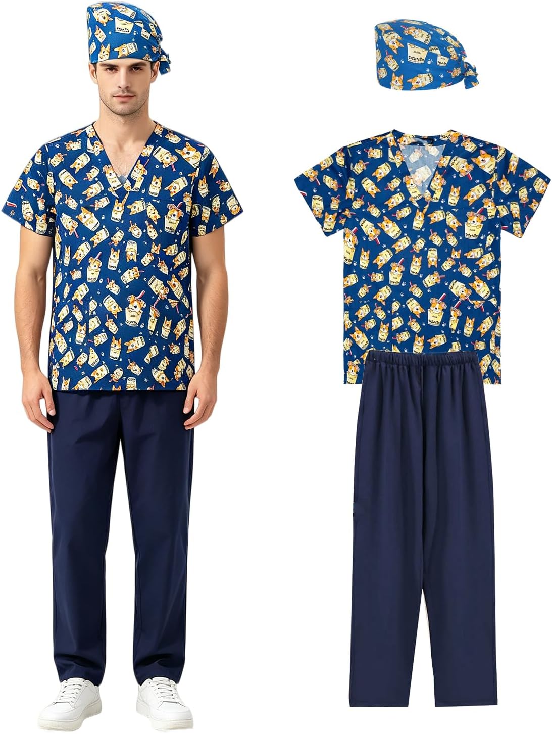 3Pcs Unisex Scrubs set with cute printed V-neck tops Scrub Pants Cap,soft, casual nurse uniform with multi-pockets