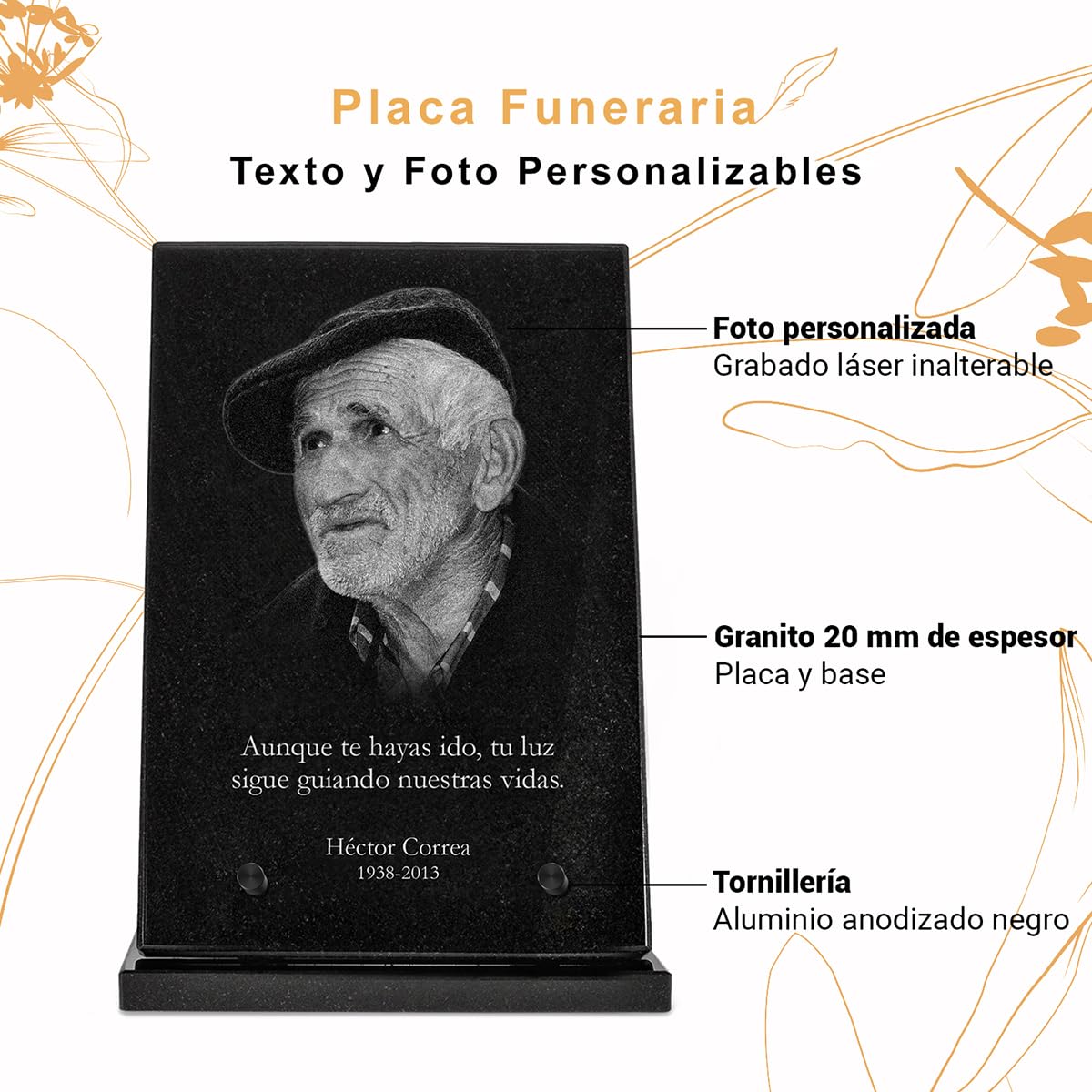 Eternel - Placa Funeraria Personalizada Premium, Corazón de Granito Macizo, Foto y Texto Grabados con Láser, Placa Funeraria con Foto Personalizada, Placa de Cementerio, Tumba, Sepultura, Entierro
