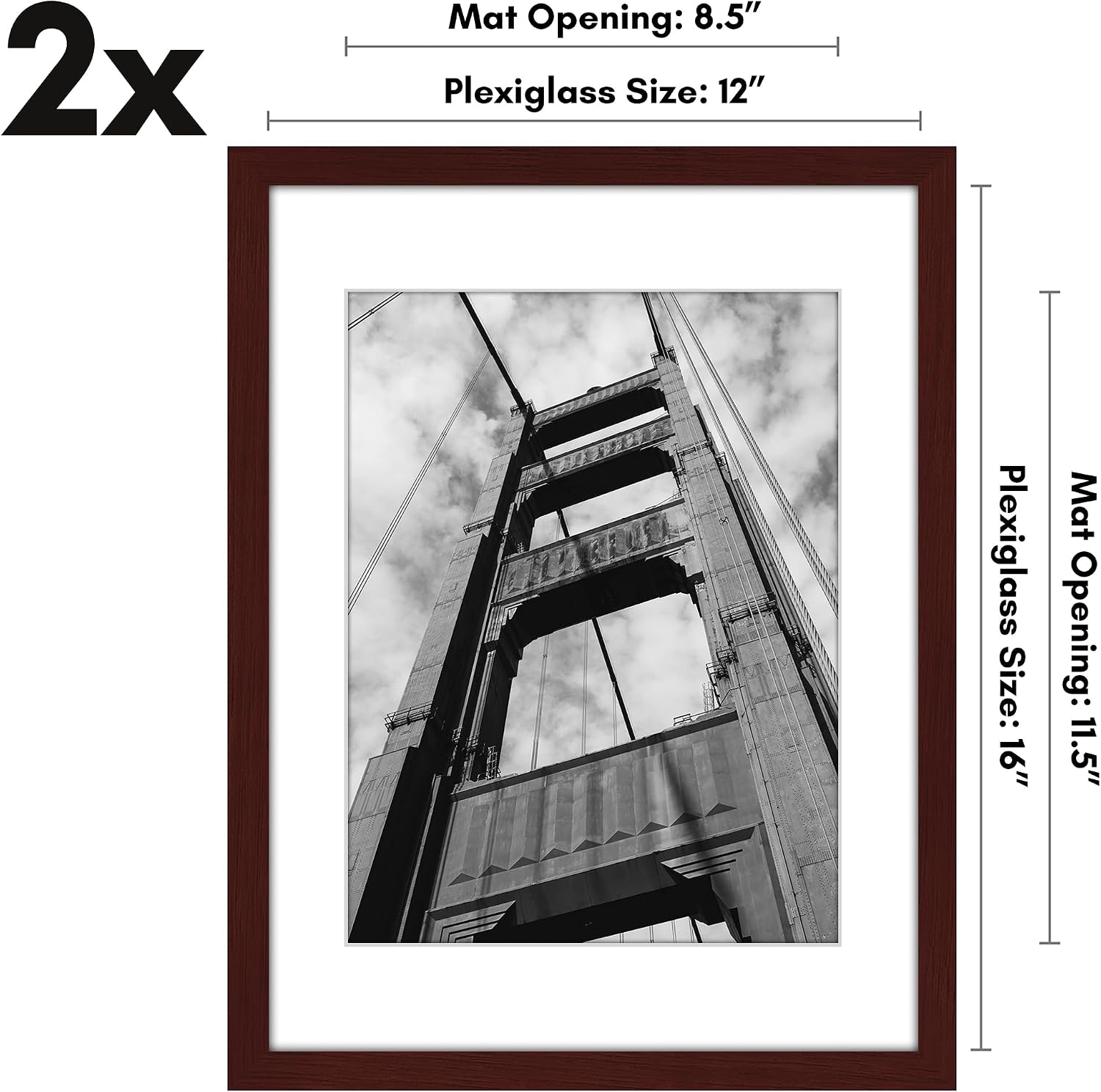 Americanflat 12x16 Picture Frame with Polished Plexiglass - Set of 2 - Use as 9x12 Frame with Mat or Display 12x16 Photo Without Mat - Galleria Collection - Picture Frames for Wall Display - Mahogany