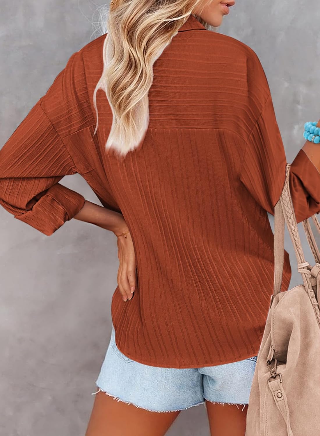 HOTOUCH Womens Long Sleeves Button Down Shirt Casual Loose fit Classic Collared with Pockets Caramel - Image 5