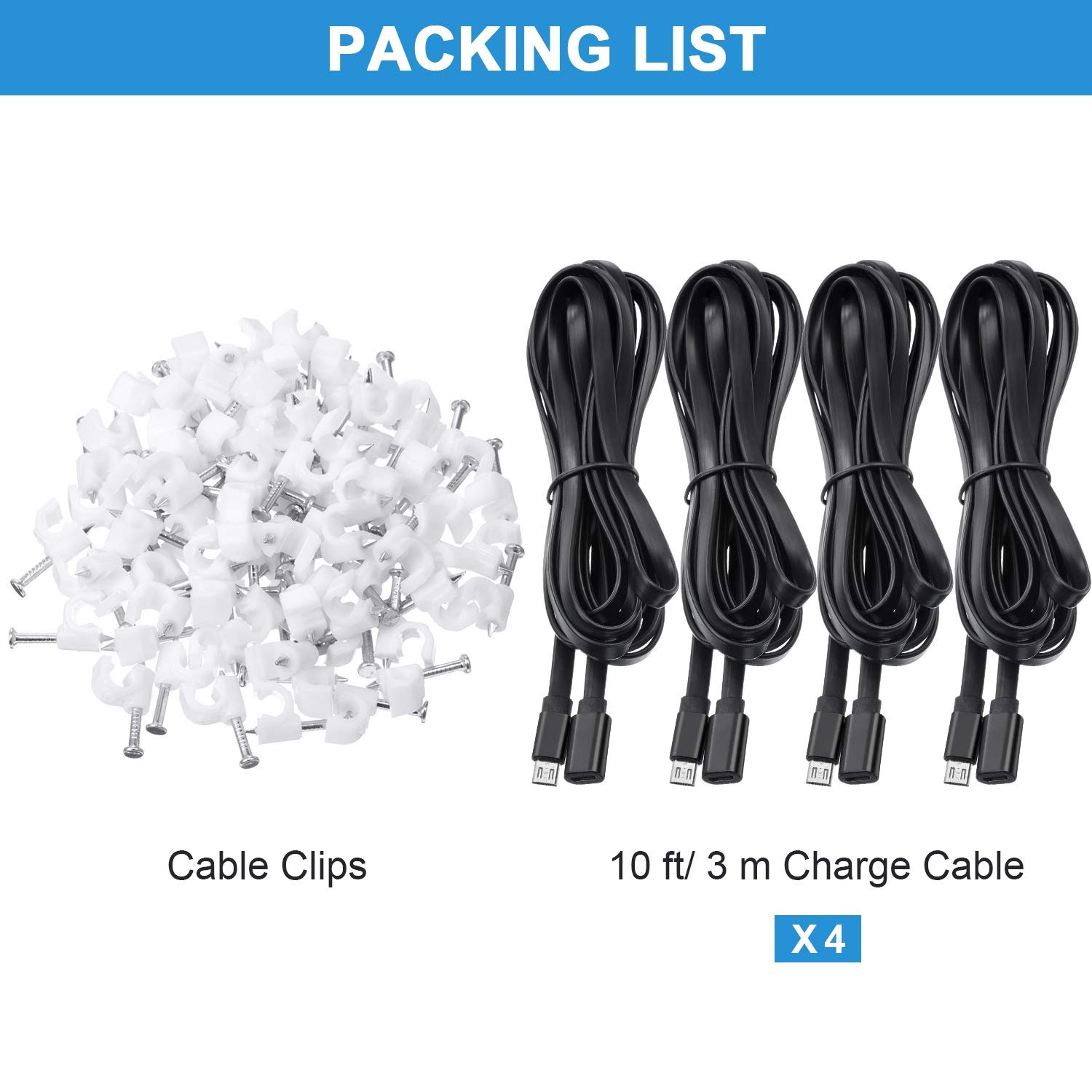 Sumind 4 Pack 10 ft/ 3 Meter Micro USB Extension Cable Male to Female Extender Cord Compatible with Security Camera Flat Power Cable, Cable Clips Included (Black)