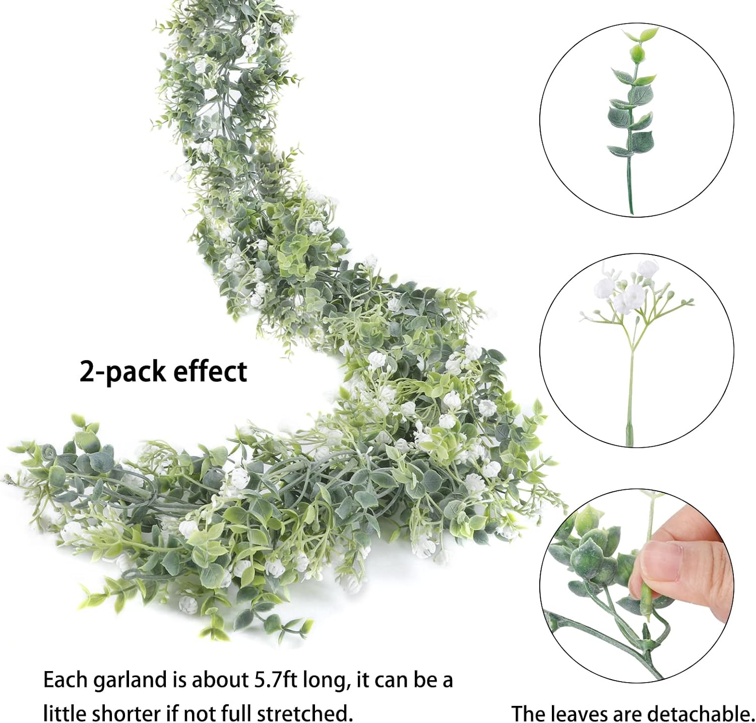 CEWOR 2pcs 5.7ft Eucalyptus Garland with White Flowers, Artificial Greenery Garland Faux Hanging Plants for Wedding Arch, Table Wall Backdrop, Party Home Decor