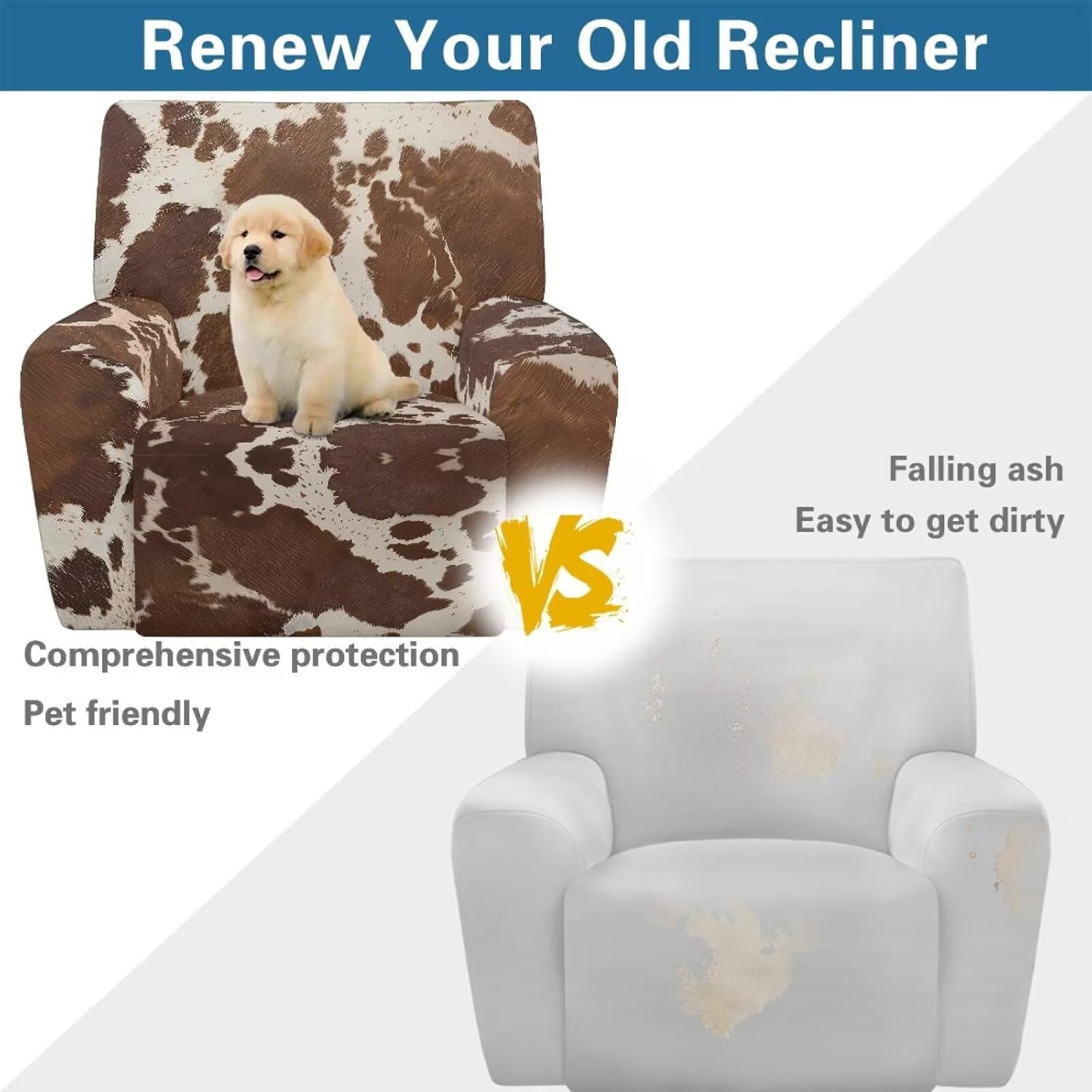 Cow Print Lazy Boy Recliner Chair Covers 4-Piece Covers for Recliners Elastic Bottom Slipcover Waterproof Washable Pet Safe Storage Pockets Furniture Protector