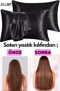 İpeksi Premium Set, İpeksi Saten Yastık Kılıfı,Saten Bone Çift Yönlü,Saten Toka,Kozmetik,Cilt Bakım,Saç Kabarması,Saç Kırılması,Düz Saç,Dalgalı Saç,Kıvırcık Saçlar için,Hediyelik,Çeyizlik (Siyah)