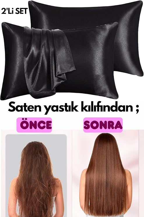 İpeksi Premium Set, İpeksi Saten Yastık Kılıfı,Saten Bone Çift Yönlü,Saten Toka,Kozmetik,Cilt Bakım,Saç Kabarması,Saç Kırılması,Düz Saç,Dalgalı Saç,Kıvırcık Saçlar için,Hediyelik,Çeyizlik (Siyah)