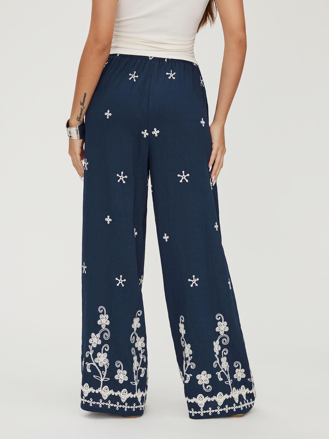 CIDER Women's Wide Leg Pants Palazzo Pants for Women Embroidered Floral Drawstring Boho Beach Trousers