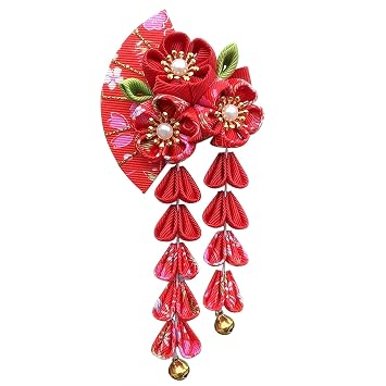Japanese Tassel Hair Clip Women Chinese Hanfu Kimono Hair Accessories Floral Bell Pearl Fan-shape Clip for Cosplay Photo Prop Red