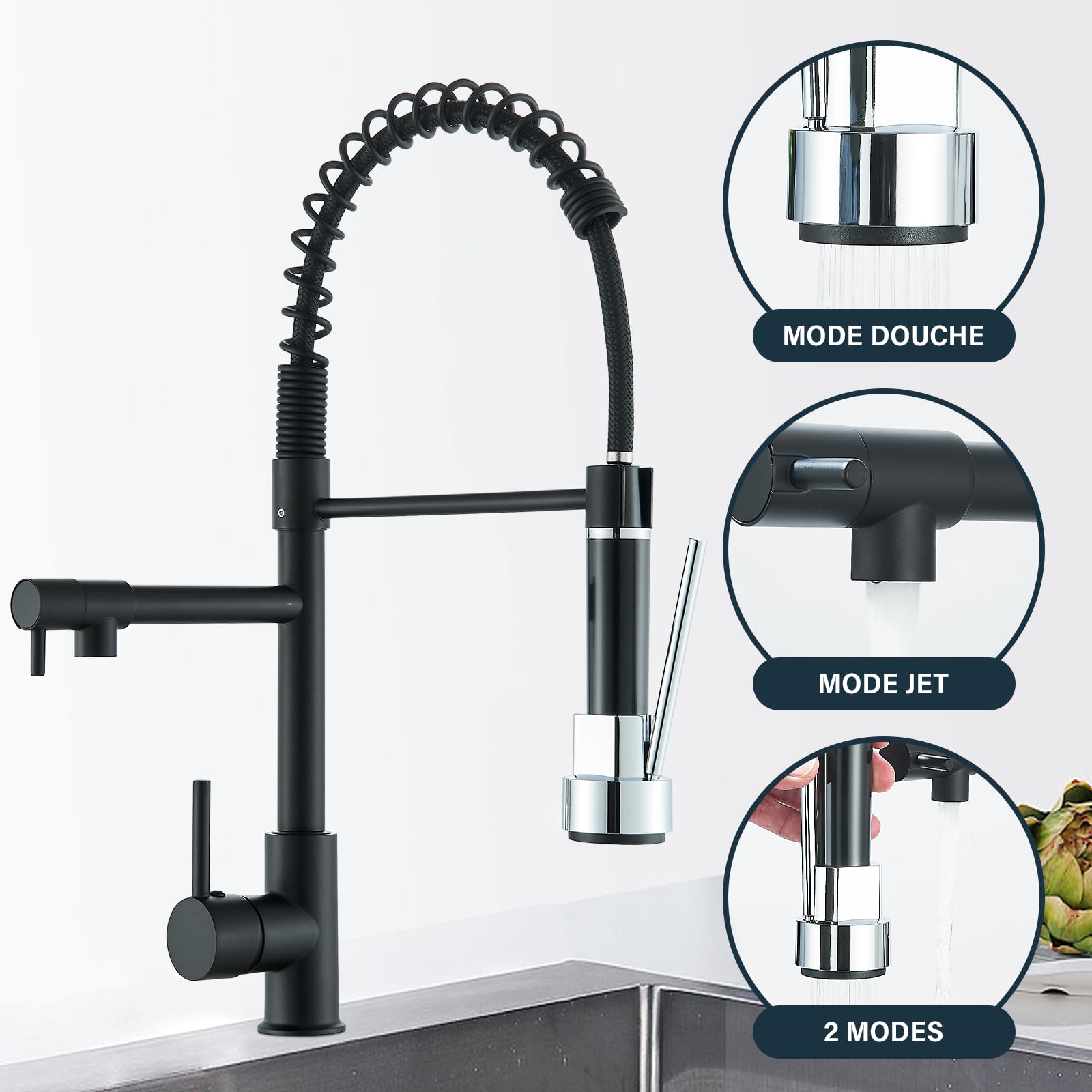 Robinet de Cuisine Noir Mitigeur Deux Jets Douchette Flexible Pivotante Rétractable Bec Haut Arc Élevé Rotatif 360°
