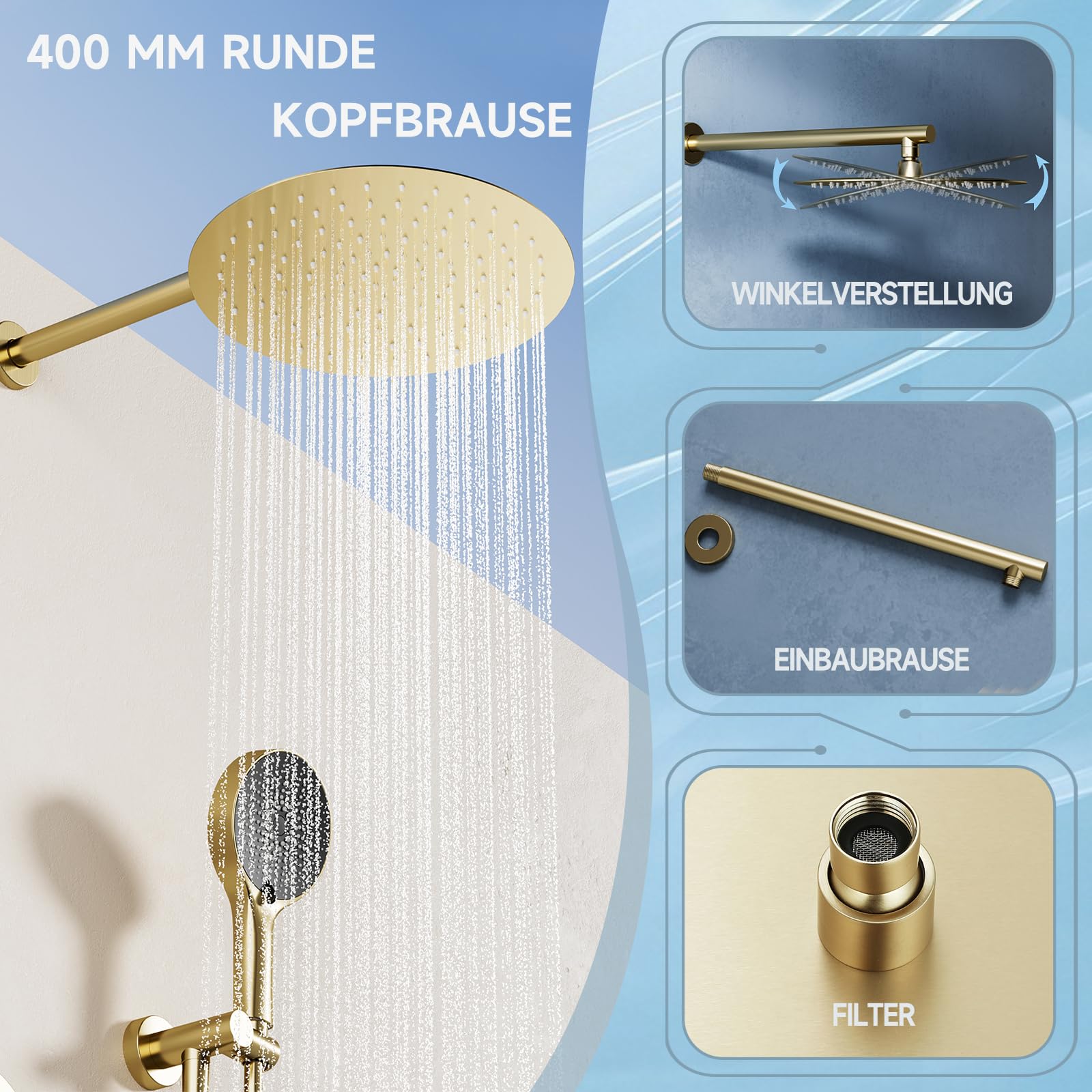 Duschsystem, Unterputz-Regendusche Gold gebürstet, Armaturen-Set