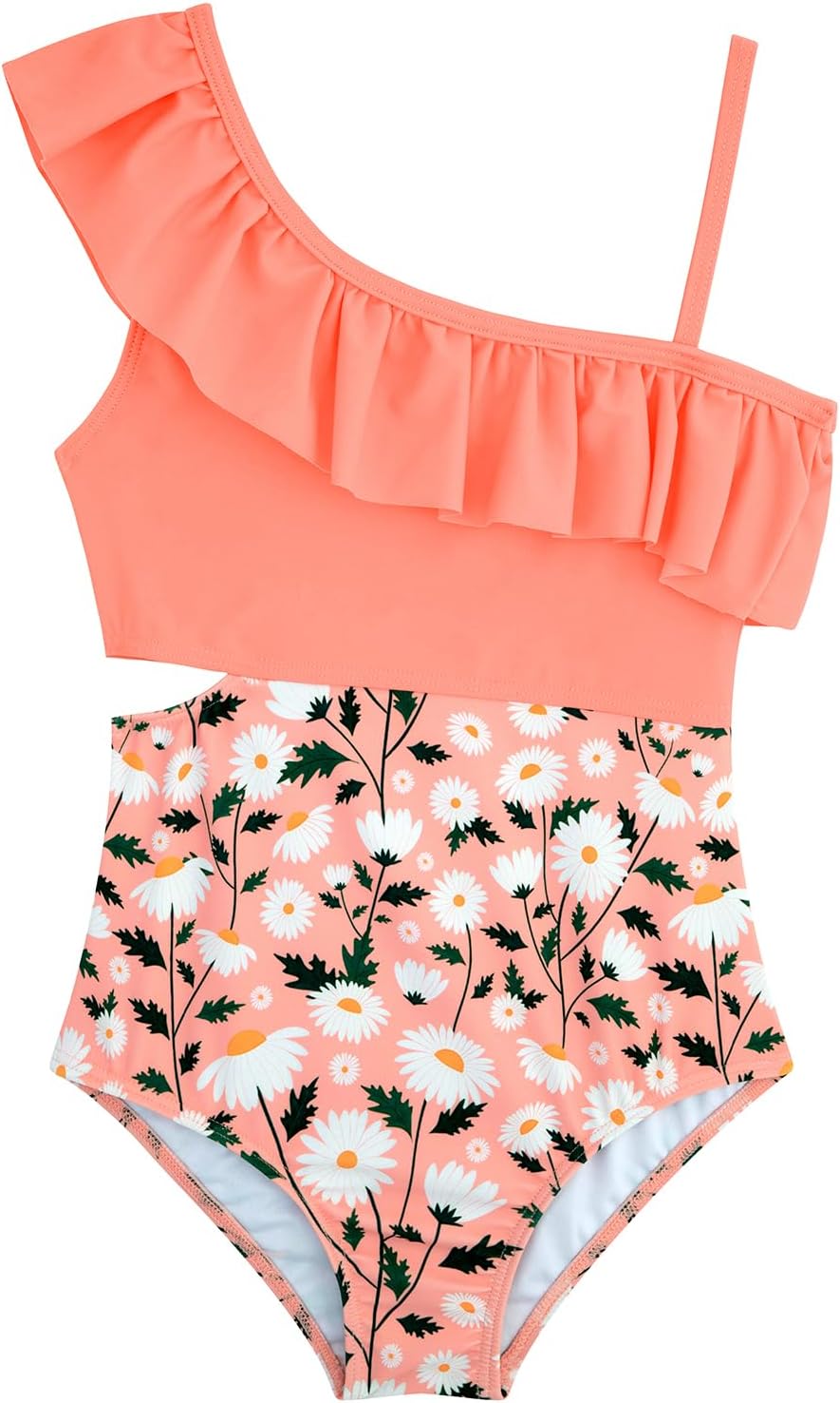 Girls One Piece Swimsuits Cutout Ruffle Bathing Suit Quick Dry Beach Swimwear with Adjustable Strap 5-14 Years