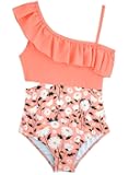 Girls One Piece Swimsuits Cutout Ruffle Bathing Suit Quick Dry Beach Swimwear with Adjustable Strap 5-14 Years