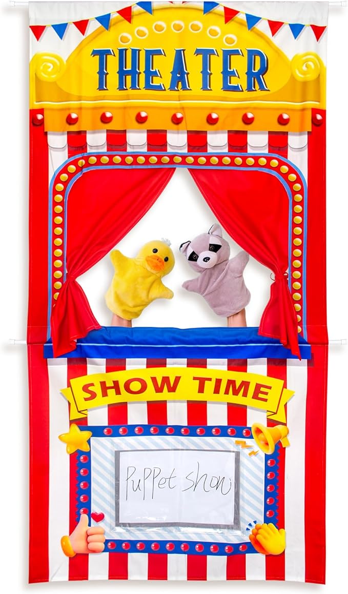 Doorway Puppet Show Theater Curtain, 67"×31" Foldable Hanging Puppet Stage Curtain with 2 Adjustable Rods, Ideal for Pretend Play, Hand Puppets, Christmas Home Game