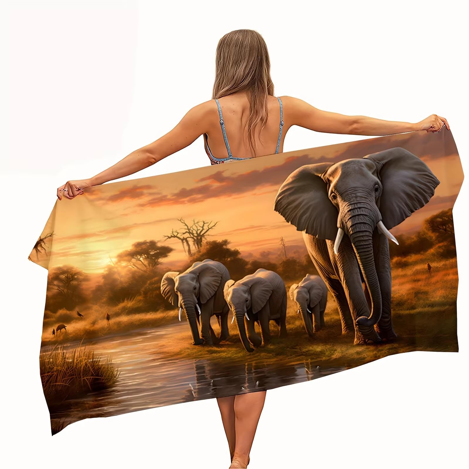 Ręcznik kąpielowy z nadrukiem słoni o zachodzie słońca - ultramiękki, oddychający, wygodny design, na letnie wibracje i dni na plaży (200 x 220 cm/79 x 87)