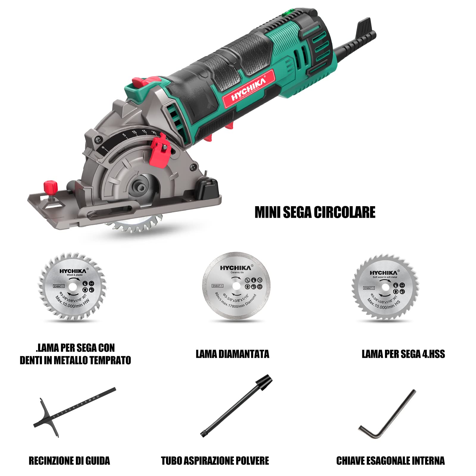 HYCHIKA Sega Circolare, 500W Mini Seghe Circolare 4500RPM, Profondità di Taglio: 0-25mm,Tubo per Aspirapolvere, 3x Lame adatto per Legno, Plastica, Metallo Morbido