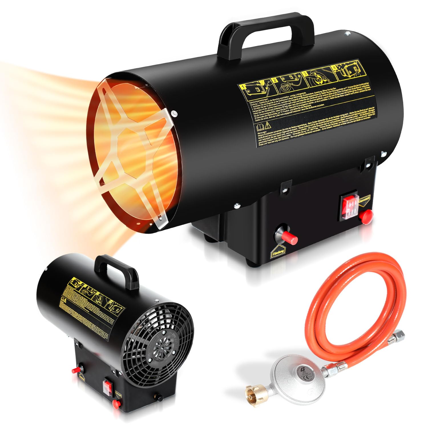 Eulenke Calefactor de gas de 10 kW, caudal de aire de 320 m³/h, incluye manguera de gas y reductor de presión, cañón de calor, generador de aire caliente, calentador de construcción con protección