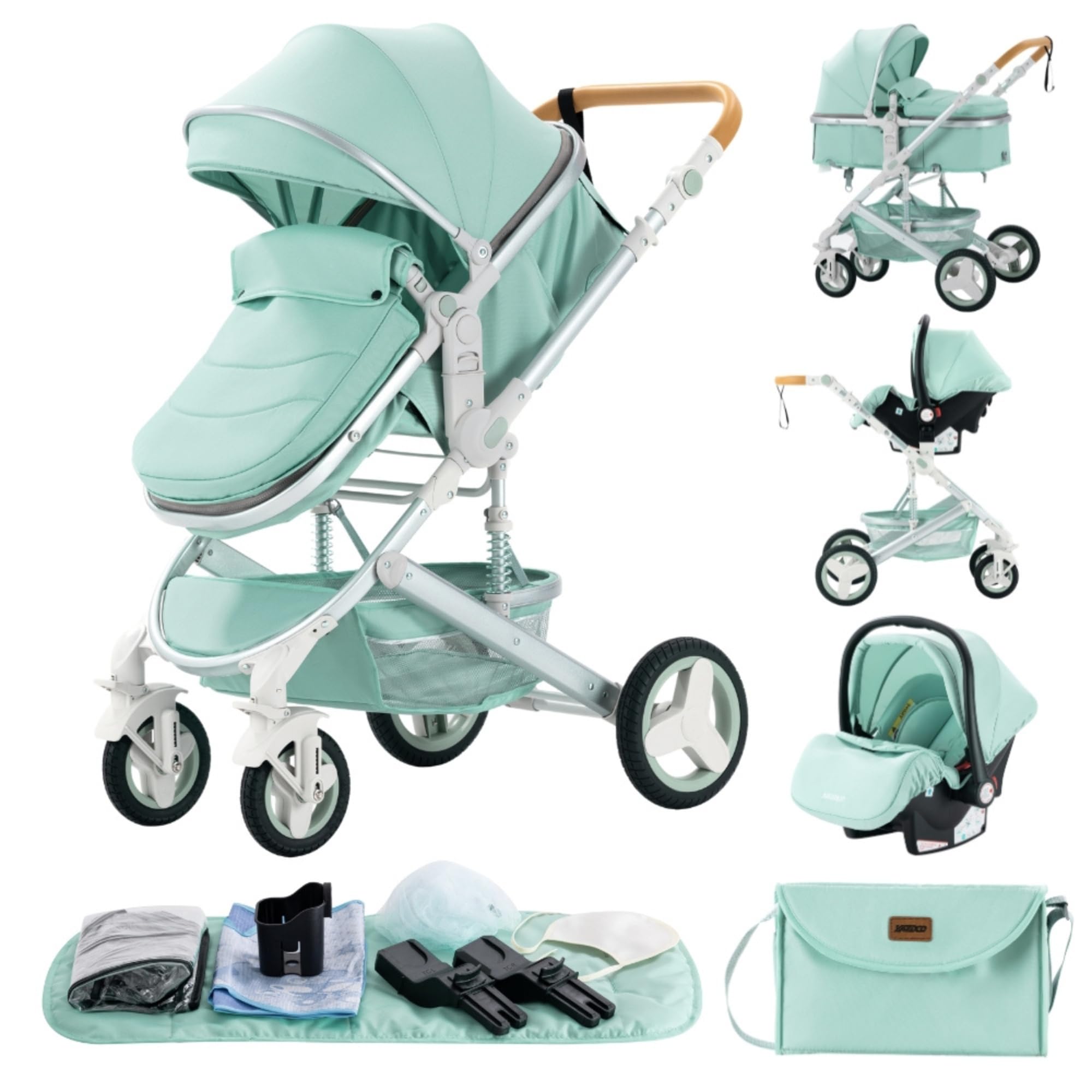 GLOKID Kinderwagen 3 in 1,Reisesysteme, Babywanne Buggy,Voll-Gummireifen,Mit Einem Klick Zusammenklappbarer, Rain cover Mosquito net, Mummy Bag