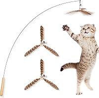 JXFUKAL Cat Wand Toy: Interactive Feather Teaser with 3 Refills, 29'' Flexible Steel Wire, Wood Handle & Bell for Indoor Cats