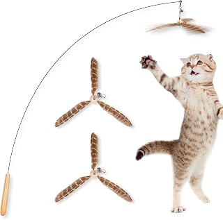 JXFUKAL Cat Wand Toy: Interactive Feather Teaser with 3 Refills, 29'' Flexible Steel Wire, Wood Handle & Bell for Indoor Cats