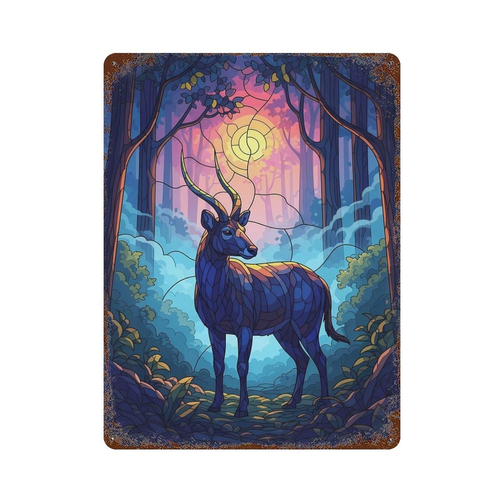 Stained Glass Deer in Forest Decorative Tin Sign 15.7"x11.8", for Bistro, Counter And Cafe Decor, Retro Wall Decor