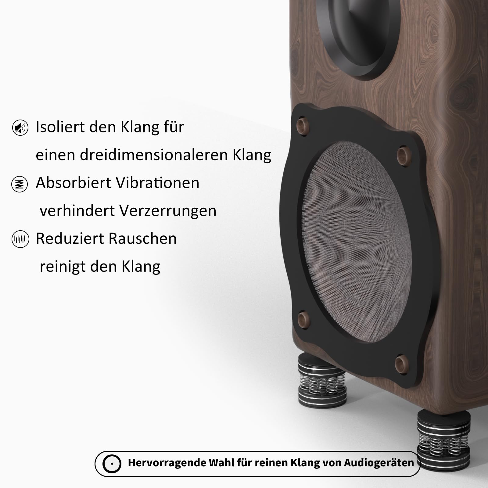 4 Stück 44mmx38mm Aluminium-Lautsprecher-Federfüße, Isolationsfüße mit rutschfesten Gummipuffern zur Dämpfung von Vibrationsgeräuschen, für Lautsprecher, Subwoofer, Verstärker, Plattenspieler