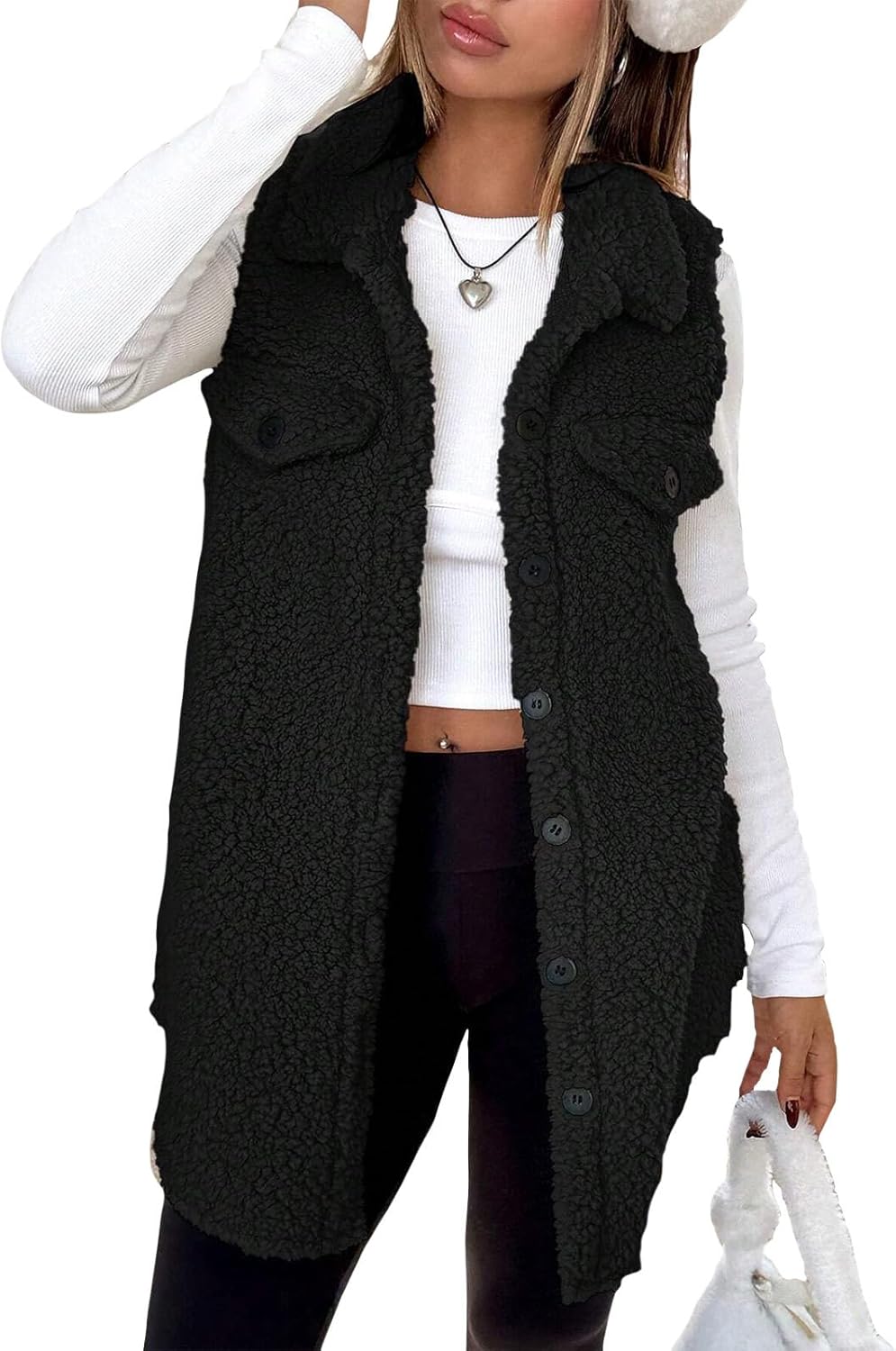 Sleeveless Lamb Wool Sherpa Jackets for Women Button Down Lapel Collar Polar Fleece Vest Outerwear with Pockets