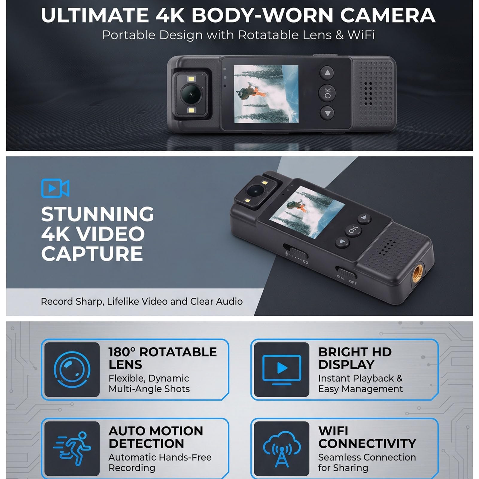 Fotocamera Indossabile 4K, Obiettivo Rotante a 180°, Rilevamento del Movimento, Action Cam Indossabile, Videoregistratore Portatile con WiFi e Display TFT per Vlogging, (128GB)