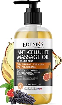 EDENIKA BOTANICALS Firming Anti Cellulite Massage Oil, Grapeseed Oil, Caffeine, Plant Stem Cells & Retinol, Supports Tighter, Smoother-Looking Skin on Body, Legs, Thighs & Buttocks, 8 Fl Oz