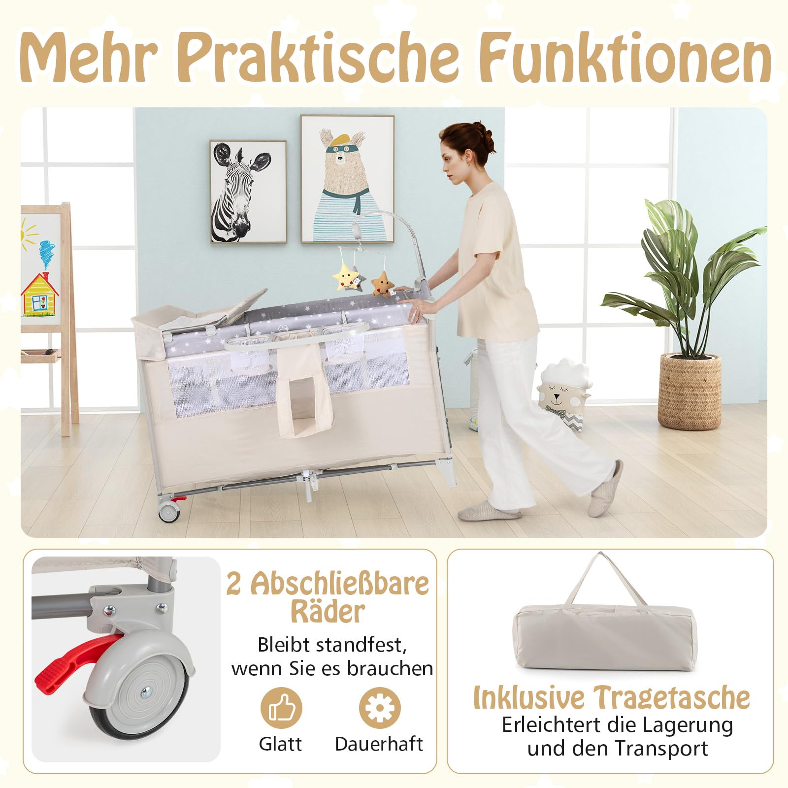 DREAMADE 4 in 1 Reisebett mit Matratze 120x60cm Beistellbett Baby mit Rollen Klappbar Wickeltisch Laufgitter Beige