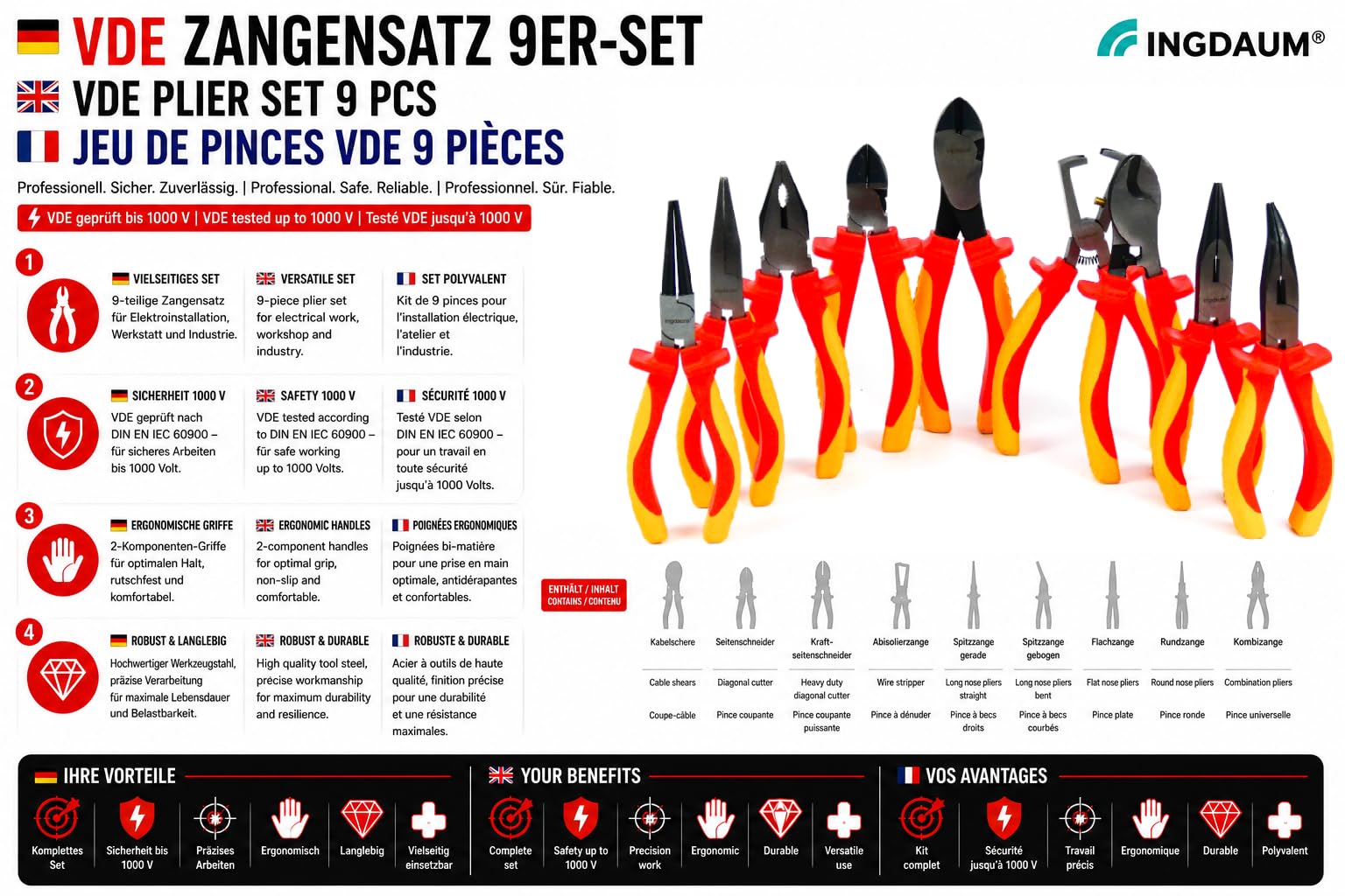 VDE Juego de Alicates | Alicates de Corte Lateral, Cortadores Laterales de Fuerza, Pelacables, Alicates de Punta Recta y Curvada