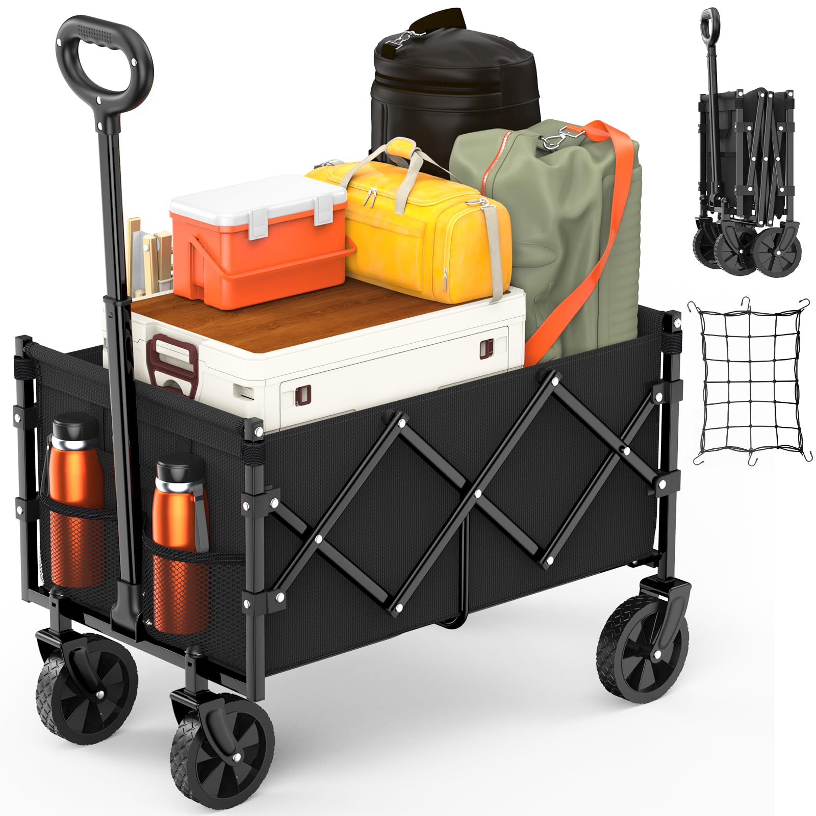 Foldable Wagon with Wheels, Portable Heavy Duty Collapsible Beach Cart - Large Capacity Utility Wagon for Shopping, Sports, Camping，Garden，Grocery - Black